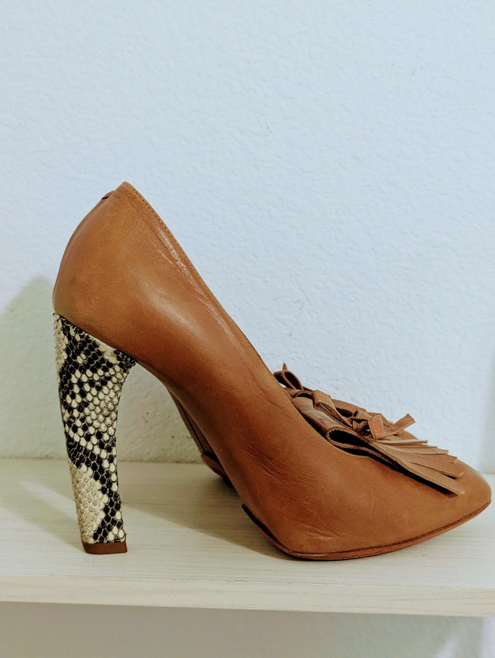 Dries Van Noten leather camel snakeskin Tassle pumps